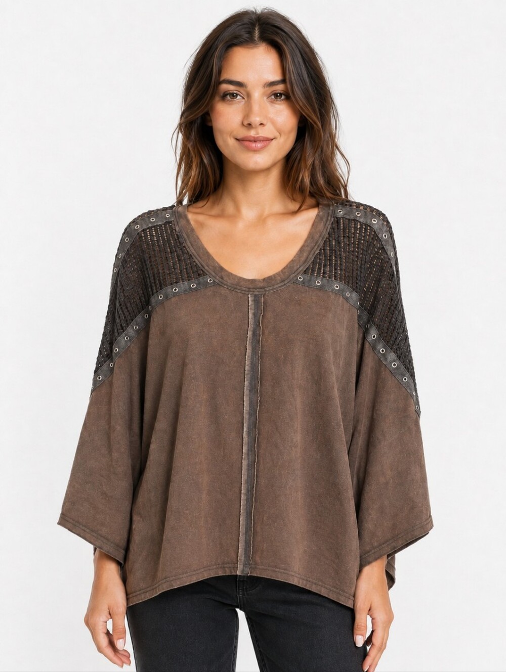 POL Brown Oversized Mesh Eyelet Detail Boho Top Small NWOT